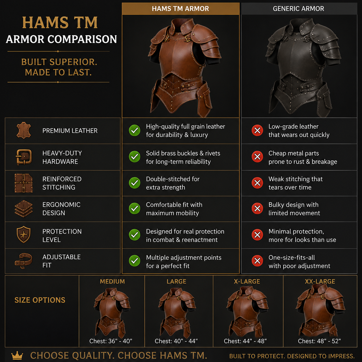 A comparison infographic titled 'HAMS TM ARMOR COMPARISON' on a dark background, showing a brown Hams TM Armor chest plate versus a generic darker armor piece, with feature checkmarks and size options from Medium to XX-Large.