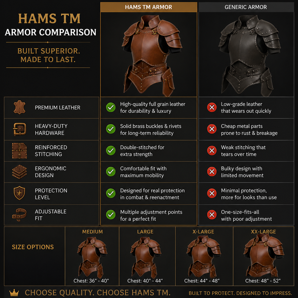 A comparison infographic titled 'HAMS TM ARMOR COMPARISON' on a dark background, showing a brown Hams TM Armor chest plate versus a generic darker armor piece, with feature checkmarks and size options from Medium to XX-Large.
