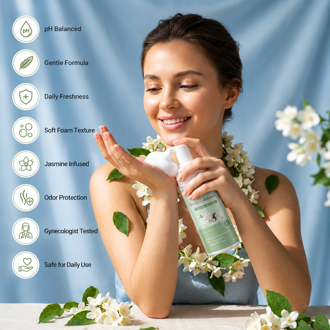 Yoni Mousse Wash – Jasmine Daily Feminine Care Foam Cleanser, pH Balanced Gentle Intimate Wash, Odor Protection, Soft Foam Formula
