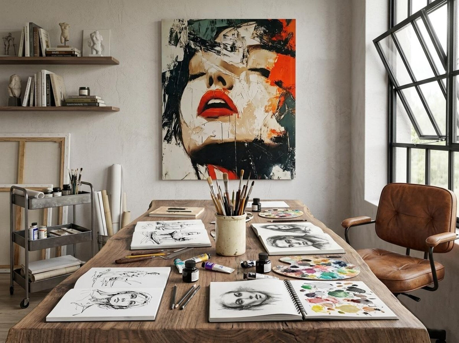 Abstract Portrait Mixed Media Painting: Expressive Face, Bold Strokes, Vivid Accents