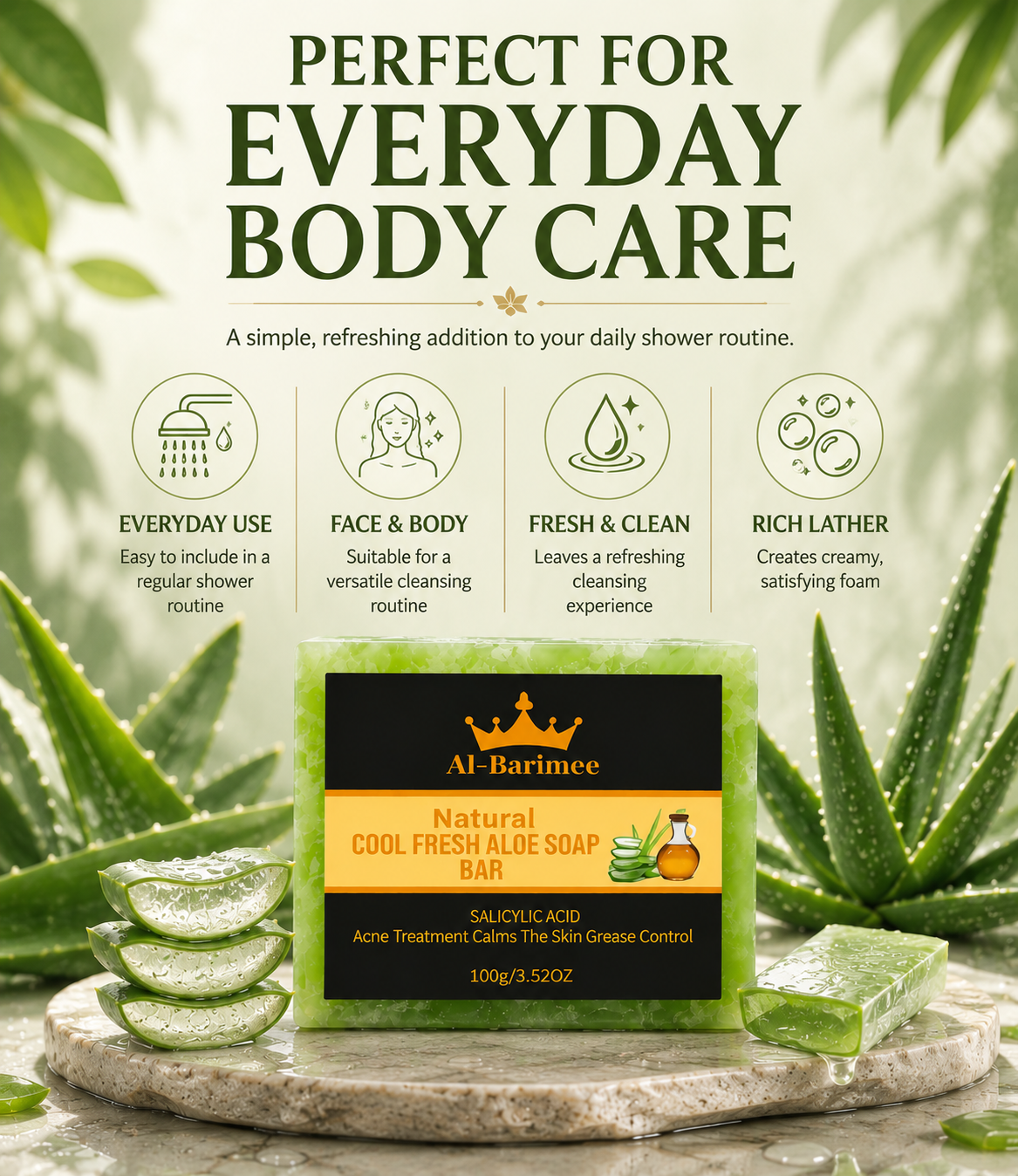 Natural Aloe Vera Soap Bar for Face & Body – 3 Pack | Cool Fresh Cleansing Soap with Tea Tree Oil & Salicylic Acid | Helps Cleanse Pores, Control Excess Oil & Support Acne-Prone Skin