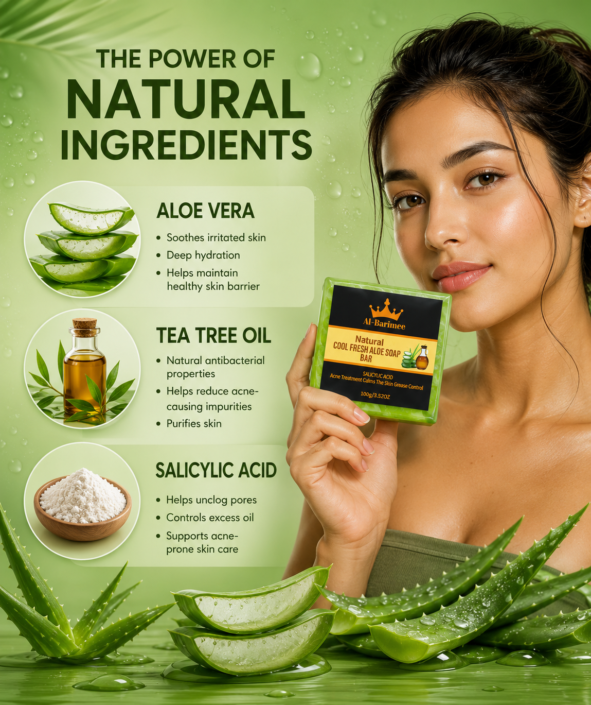 Natural Aloe Vera Soap Bar for Face & Body – 3 Pack | Cool Fresh Cleansing Soap with Tea Tree Oil & Salicylic Acid | Helps Cleanse Pores, Control Excess Oil & Support Acne-Prone Skin