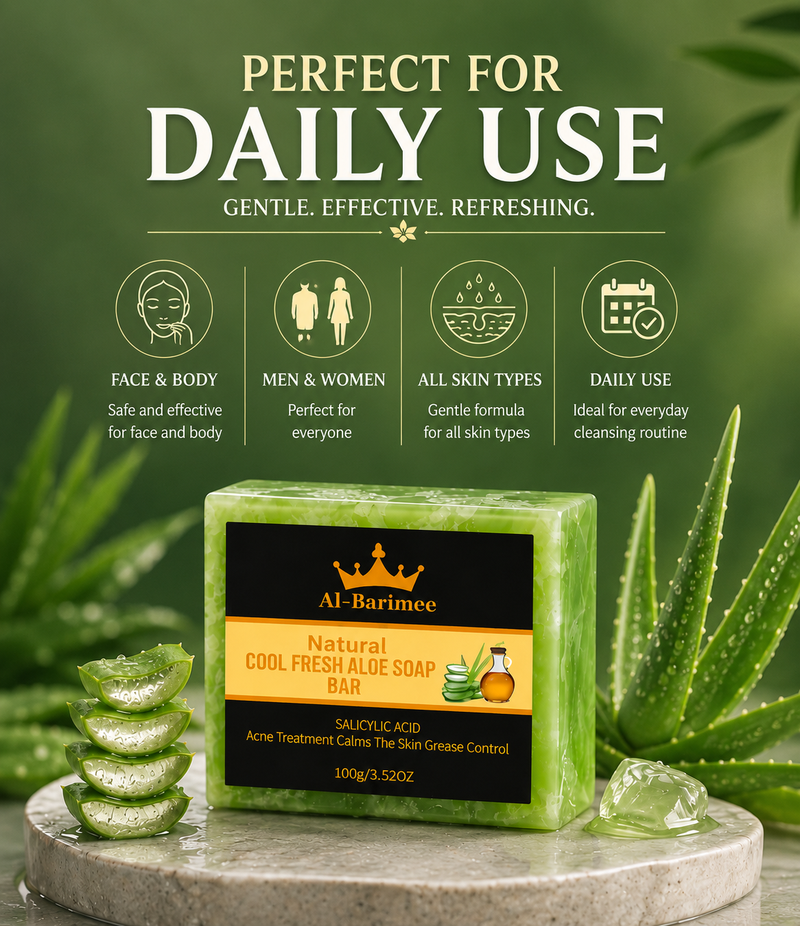 Natural Aloe Vera Soap Bar for Face & Body – 3 Pack | Cool Fresh Cleansing Soap with Tea Tree Oil & Salicylic Acid | Helps Cleanse Pores, Control Excess Oil & Support Acne-Prone Skin