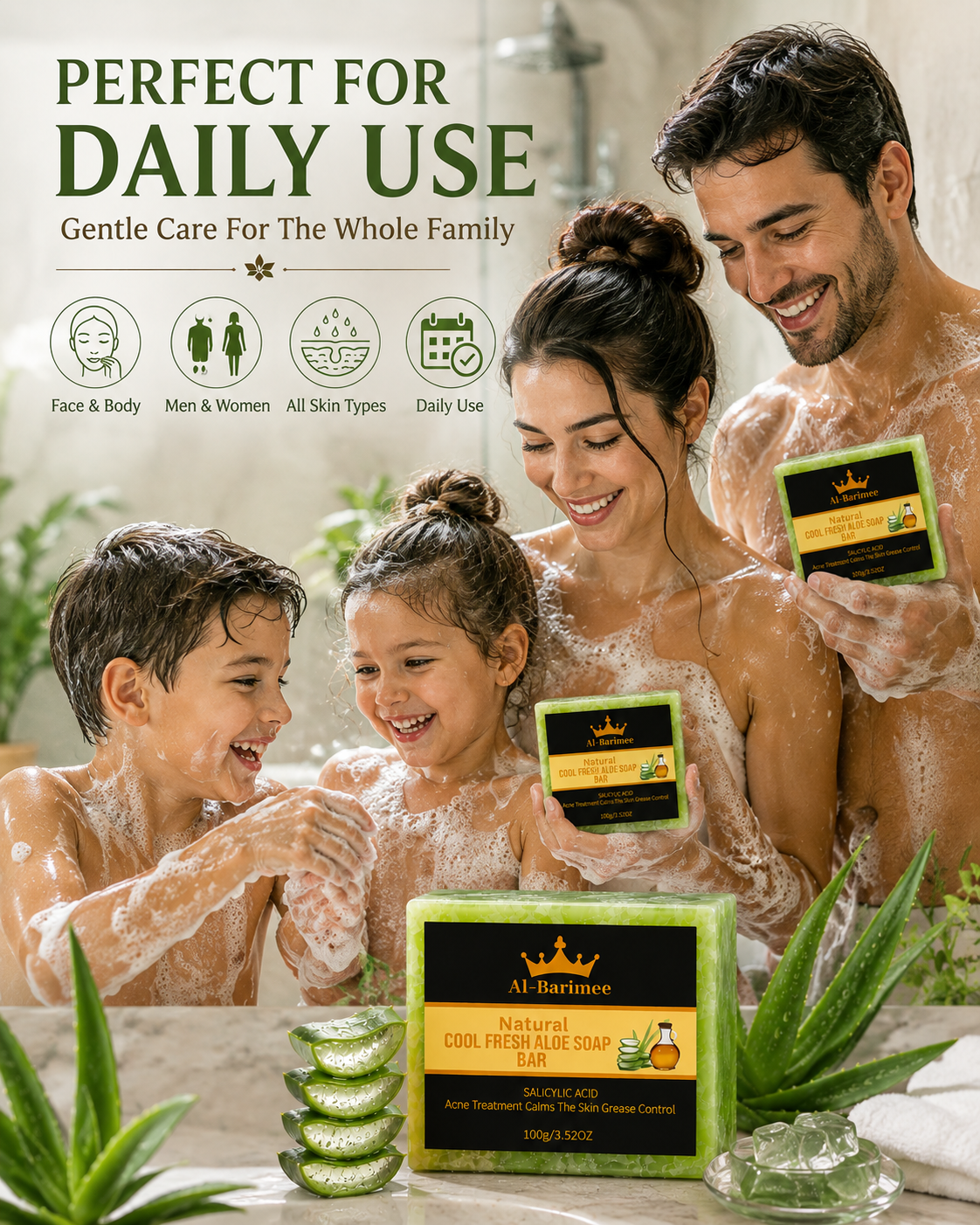 Natural Aloe Vera Soap Bar for Face & Body – 3 Pack | Cool Fresh Cleansing Soap with Tea Tree Oil & Salicylic Acid | Helps Cleanse Pores, Control Excess Oil & Support Acne-Prone Skin