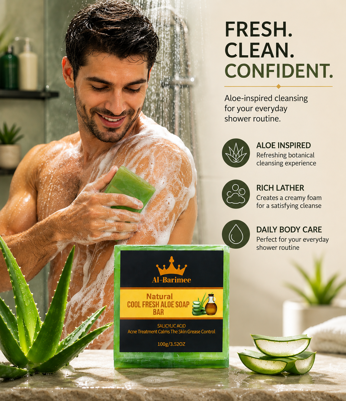 Natural Aloe Vera Soap Bar for Face & Body – 3 Pack | Cool Fresh Cleansing Soap with Tea Tree Oil & Salicylic Acid | Helps Cleanse Pores, Control Excess Oil & Support Acne-Prone Skin