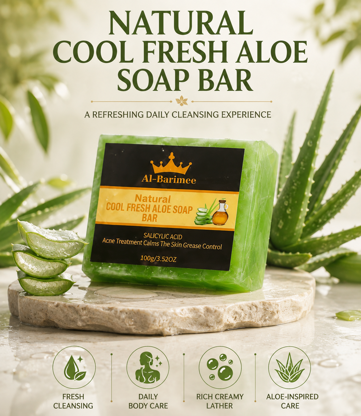 Natural Aloe Vera Soap Bar for Face & Body – 3 Pack | Cool Fresh Cleansing Soap with Tea Tree Oil & Salicylic Acid | Helps Cleanse Pores, Control Excess Oil & Support Acne-Prone Skin