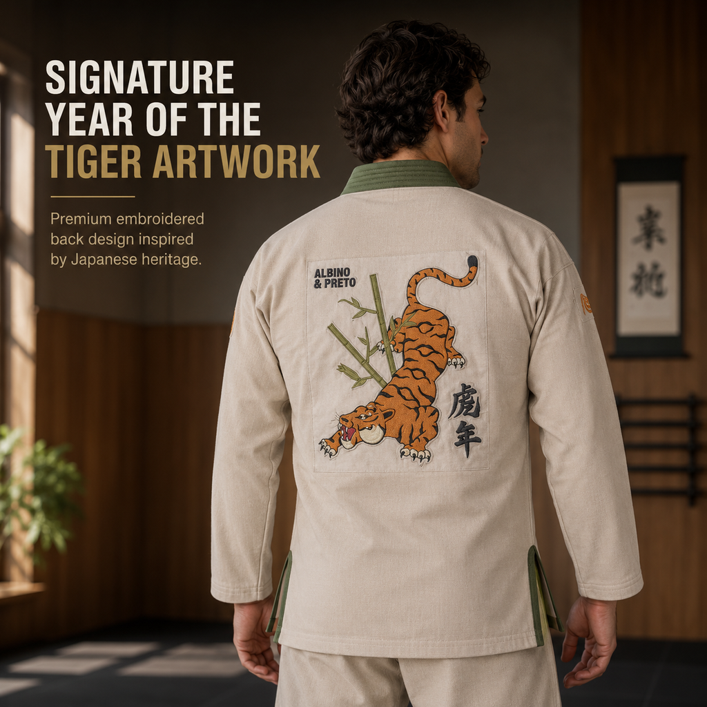 Premium Year of the Tiger BJJ Gi – Beige with Olive Green Trim