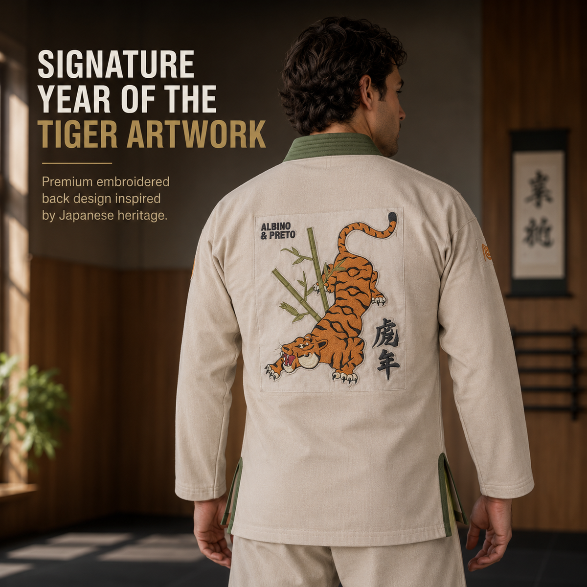 Premium Year of the Tiger BJJ Gi – Beige with Olive Green Trim