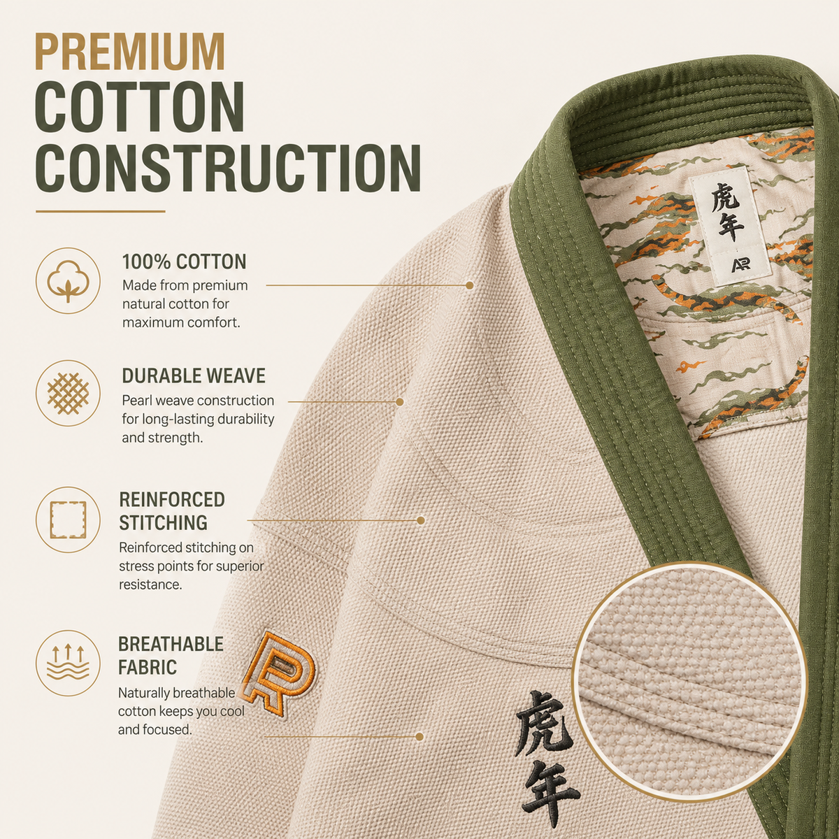 Premium Year of the Tiger BJJ Gi – Beige with Olive Green Trim