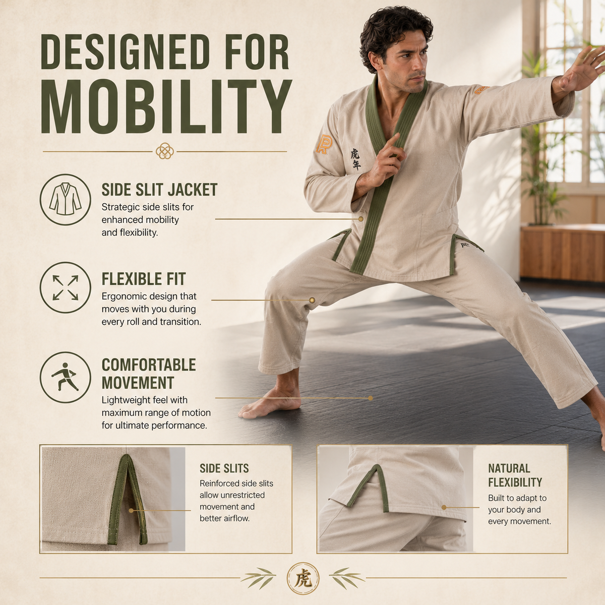 Premium Year of the Tiger BJJ Gi – Beige with Olive Green Trim