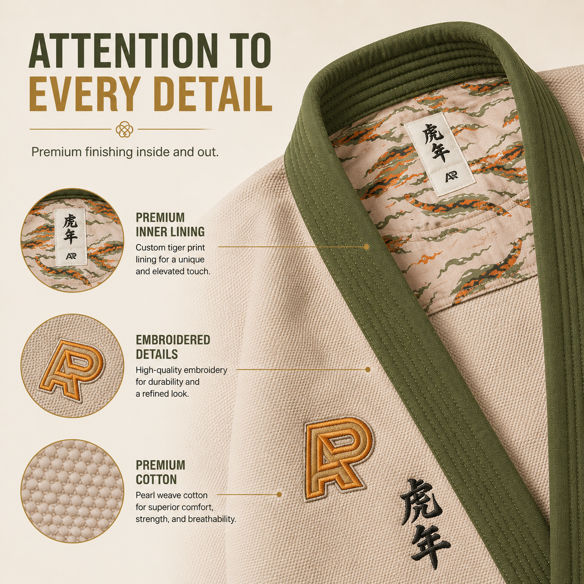 Premium Year of the Tiger BJJ Gi – Beige with Olive Green Trim