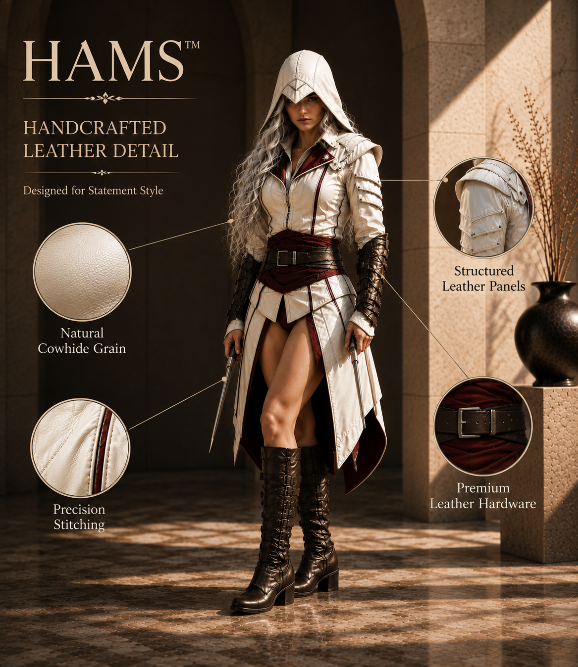 HAMS LEATHER HUB Genuine Cowhide Leather Warrior Costume for Women, Medieval Fantasy Leather Armor Outfit, Handmade Renaissance Cosplay Clothing