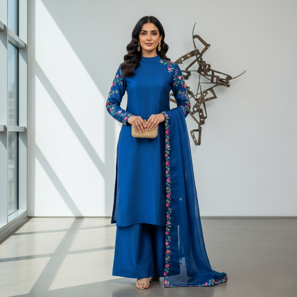 Secret Solutions Exclusive: 'Azure Whisper' Raw Silk Suit With Multi-Color Embroidery Shoulder Work - Latest Arrival