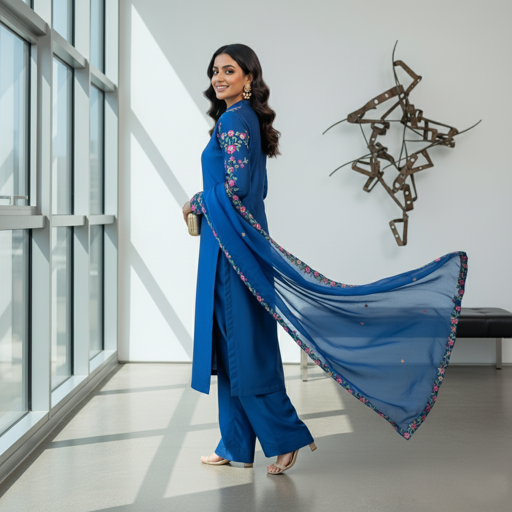 Secret Solutions Exclusive: 'Azure Whisper' Raw Silk Suit With Multi-Color Embroidery Shoulder Work - Latest Arrival