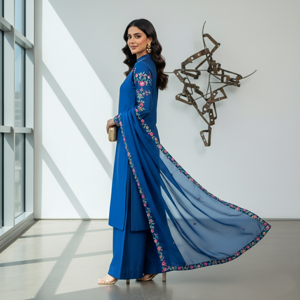 Secret Solutions Exclusive: 'Azure Whisper' Raw Silk Suit With Multi-Color Embroidery Shoulder Work - Latest Arrival