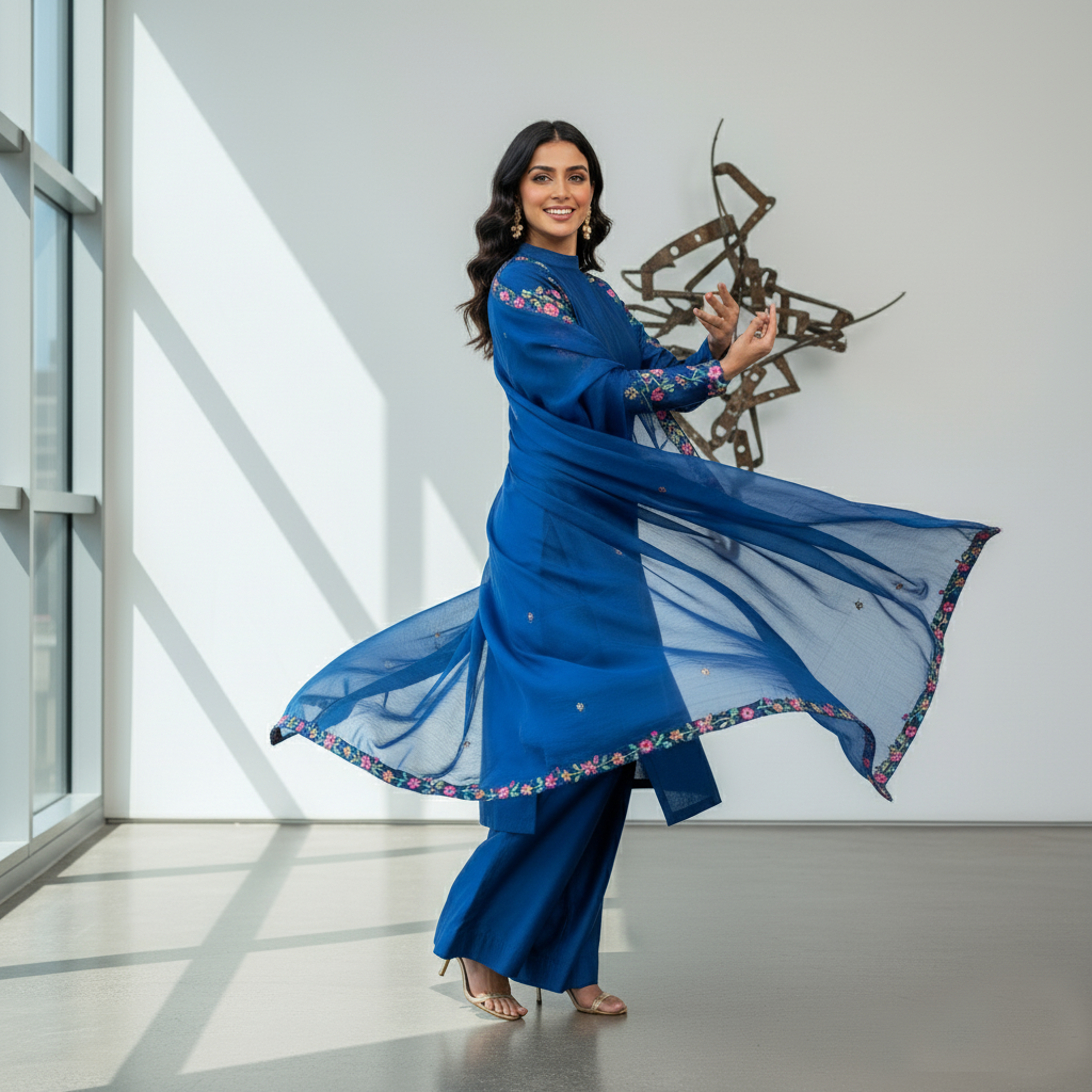 Secret Solutions Exclusive: 'Azure Whisper' Raw Silk Suit With Multi-Color Embroidery Shoulder Work - Latest Arrival