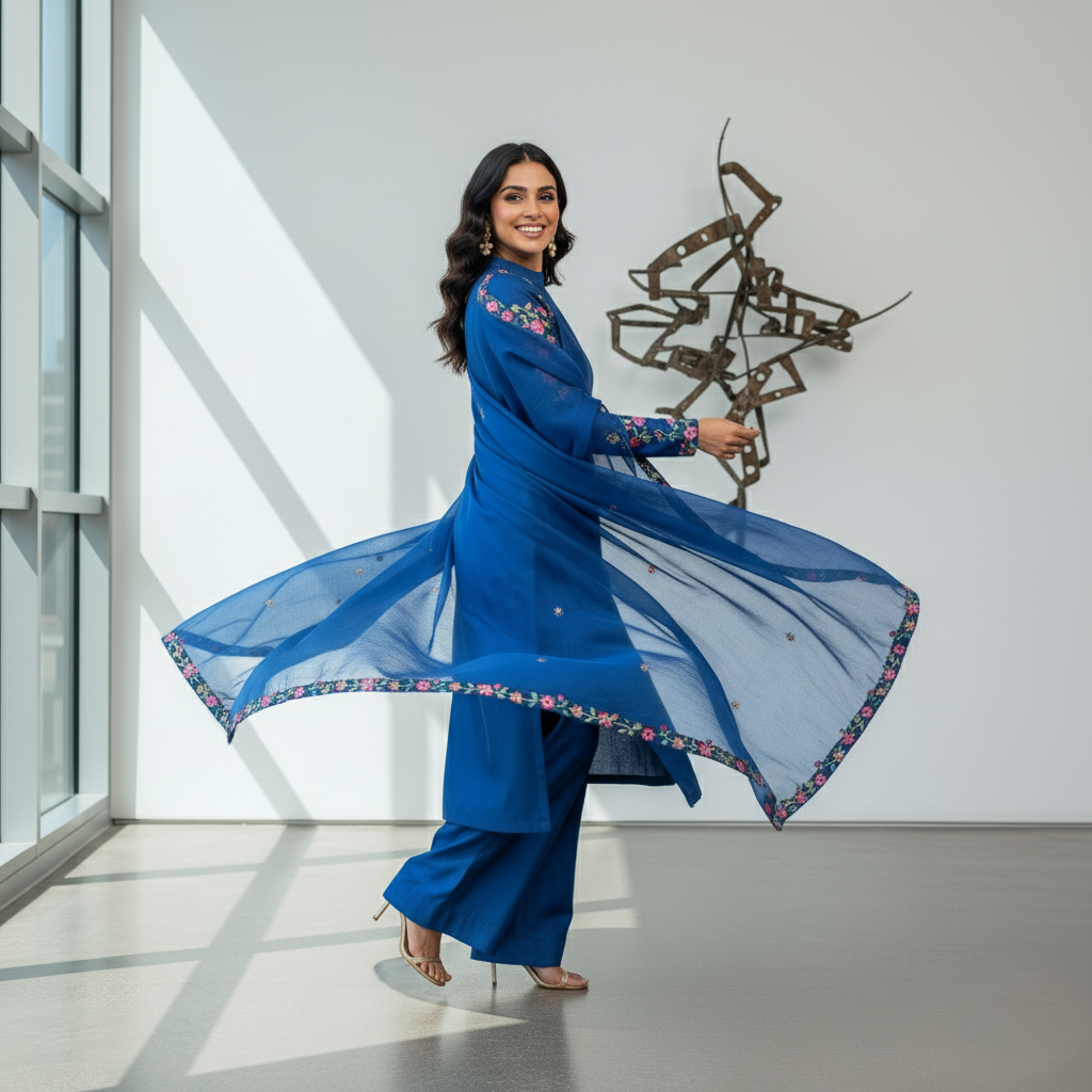 Secret Solutions Exclusive: 'Azure Whisper' Raw Silk Suit With Multi-Color Embroidery Shoulder Work - Latest Arrival