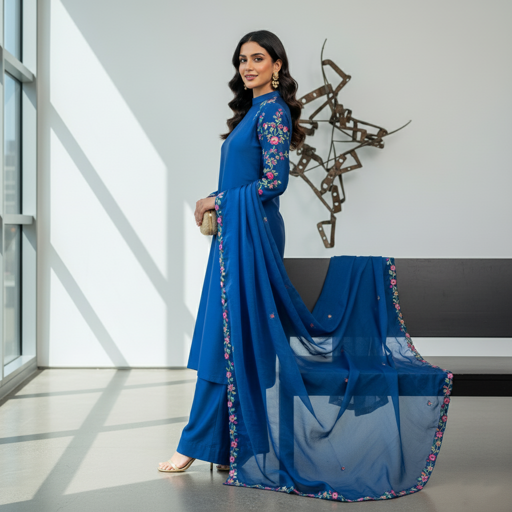 Secret Solutions Exclusive: 'Azure Whisper' Raw Silk Suit With Multi-Color Embroidery Shoulder Work - Latest Arrival