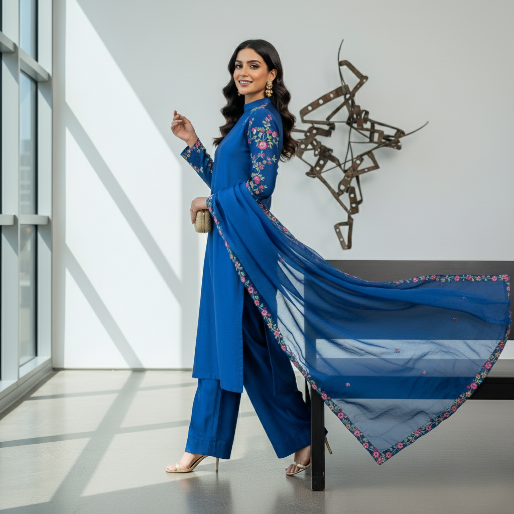 Secret Solutions Exclusive: 'Azure Whisper' Raw Silk Suit With Multi-Color Embroidery Shoulder Work - Latest Arrival