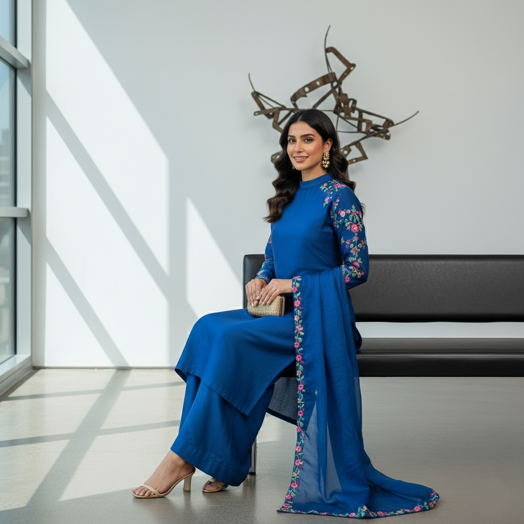 Secret Solutions Exclusive: 'Azure Whisper' Raw Silk Suit With Multi-Color Embroidery Shoulder Work - Latest Arrival