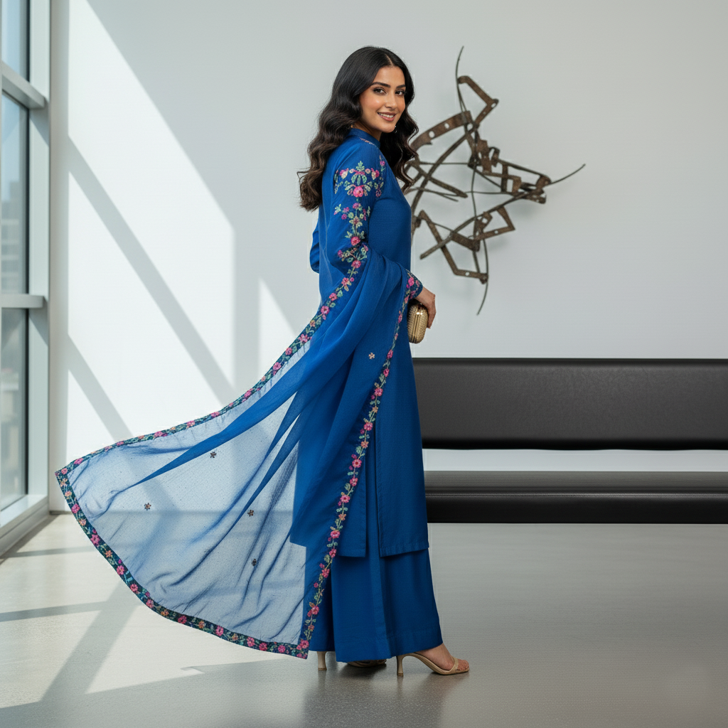 Secret Solutions Exclusive: 'Azure Whisper' Raw Silk Suit With Multi-Color Embroidery Shoulder Work - Latest Arrival