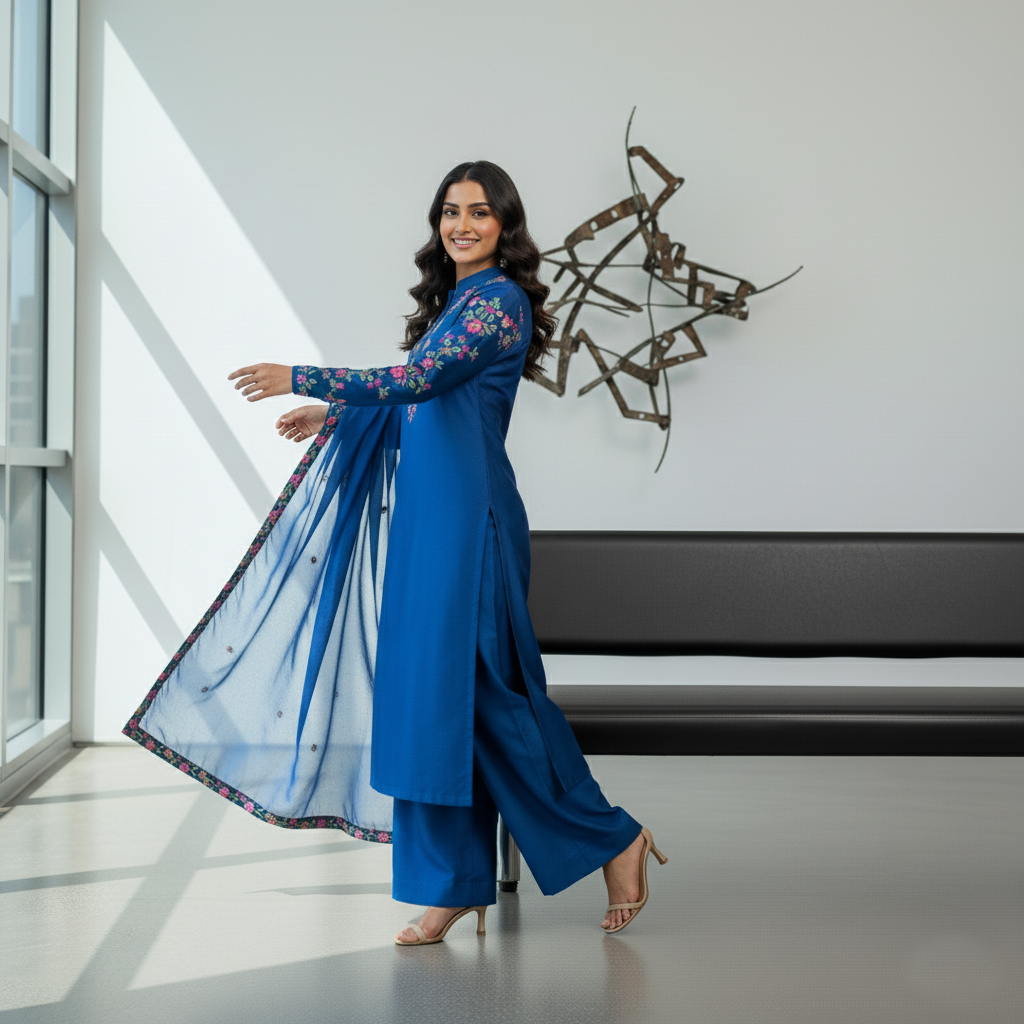 Secret Solutions Exclusive: 'Azure Whisper' Raw Silk Suit With Multi-Color Embroidery Shoulder Work - Latest Arrival