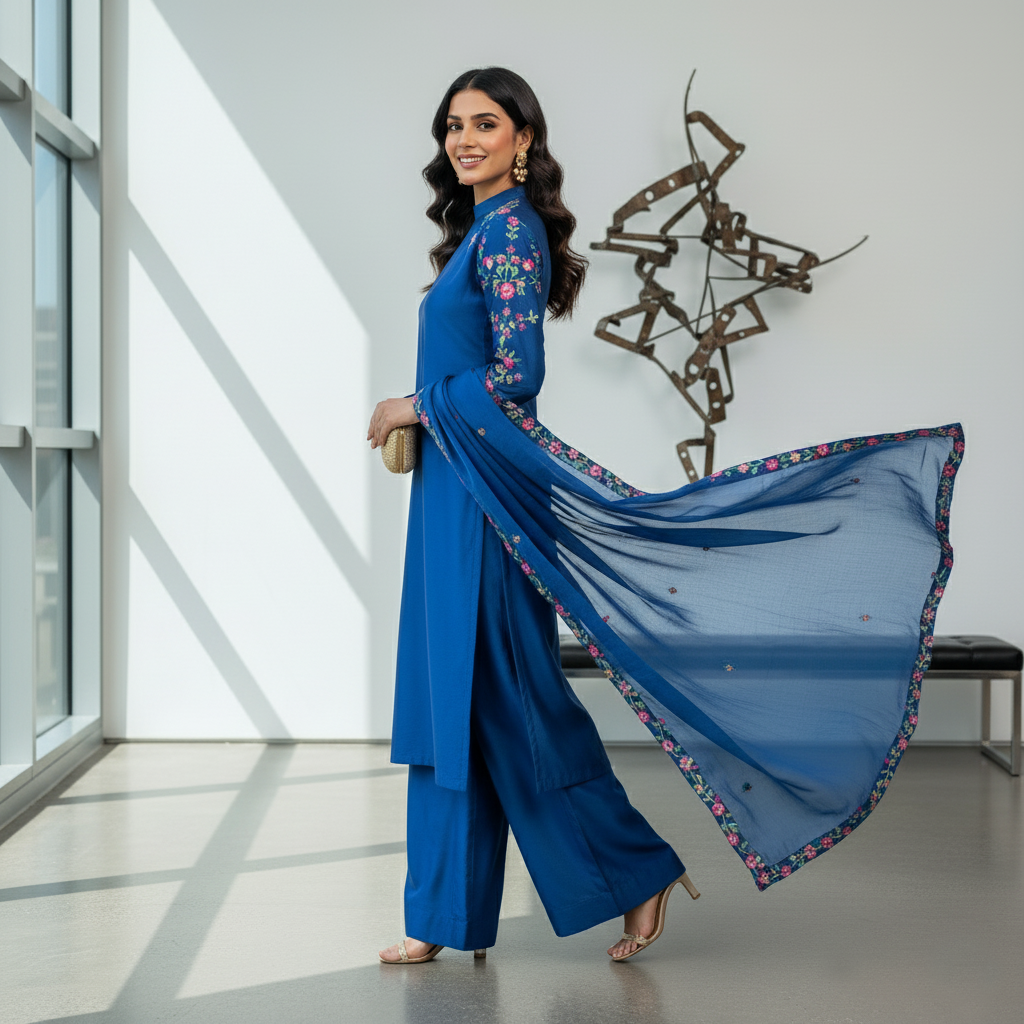 Secret Solutions Exclusive: 'Azure Whisper' Raw Silk Suit With Multi-Color Embroidery Shoulder Work - Latest Arrival