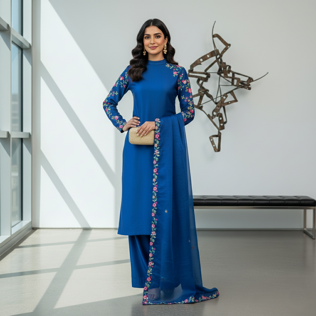 Secret Solutions Exclusive: 'Azure Whisper' Raw Silk Suit With Multi-Color Embroidery Shoulder Work - Latest Arrival