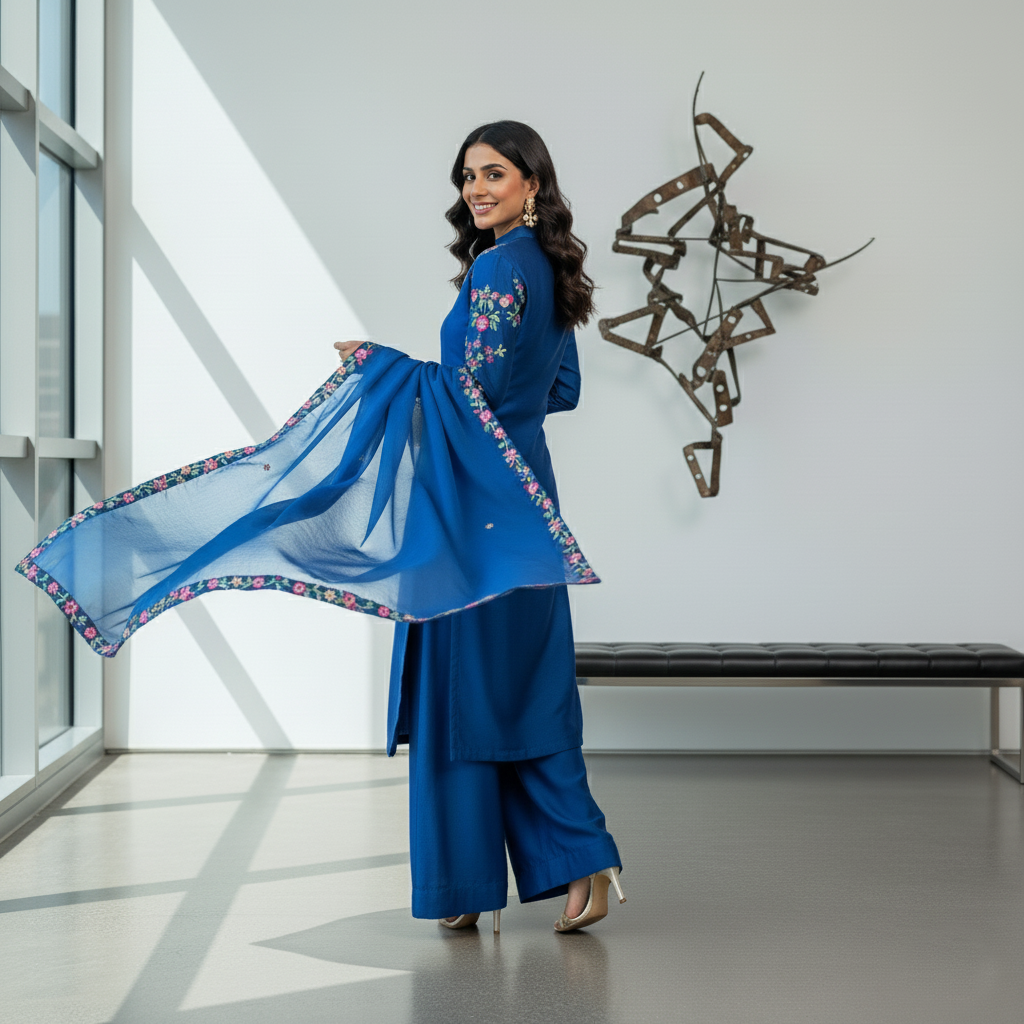 Secret Solutions Exclusive: 'Azure Whisper' Raw Silk Suit With Multi-Color Embroidery Shoulder Work - Latest Arrival