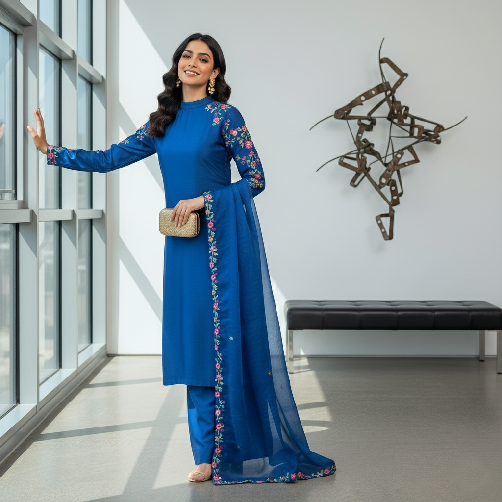 Secret Solutions Exclusive: 'Azure Whisper' Raw Silk Suit With Multi-Color Embroidery Shoulder Work - Latest Arrival