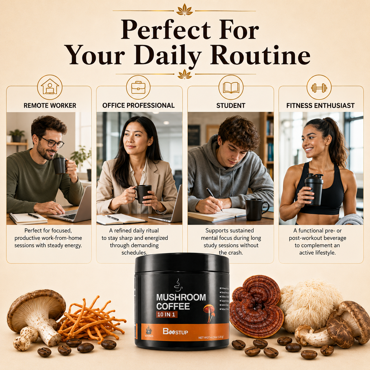 BOOSTUP Mushroom Coffee 10 in 1 – Premium Functional Mushroom Coffee Blend | Energy, Focus & Daily Wellness | 30 Servings (120g)