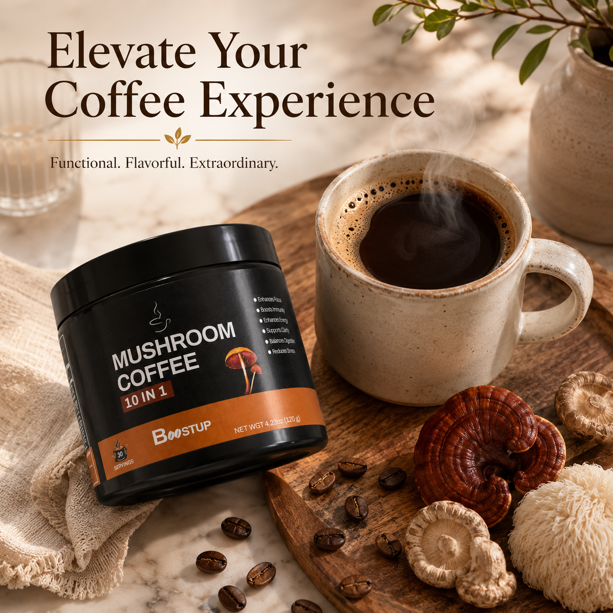 BOOSTUP Mushroom Coffee 10 in 1 – Premium Functional Mushroom Coffee Blend | Energy, Focus & Daily Wellness | 30 Servings (120g)