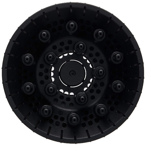 Black circular object with a detailed design on a white background