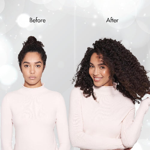 Before and after comparison of a person with styled hair against a light gray background.