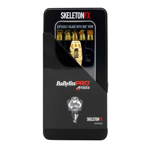 Black packaging of Babyliss Pro Skeleton FX with gold blades on a white background