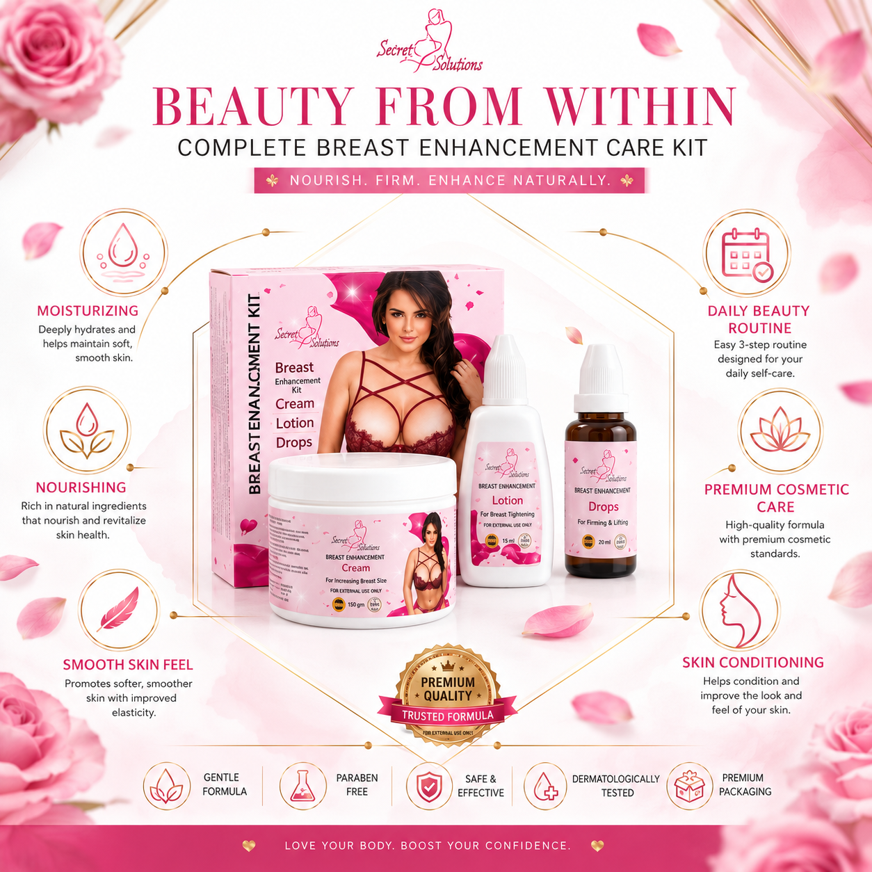 Natural Bust Enhancement & Firming Kit – 3-in-1 Complete Bust Care Formula for Natural-Looking Fullness, Firmer-Looking Skin, Deep Moisturization & Daily Bust Care