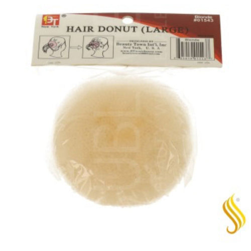 Large hair donut in packaging with visible brand label on a white background