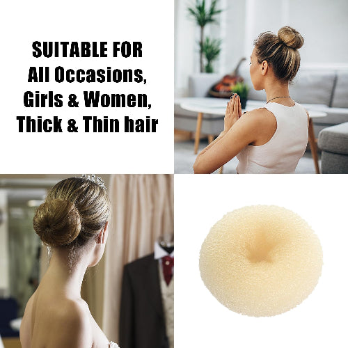 Woman with styled hair, product close-up, and text about suitability for various occasions and hair types.