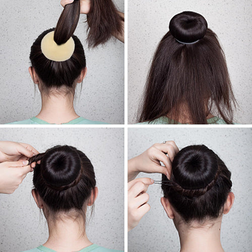 Step-by-step tutorial on styling hair into a bun using a hair tie.