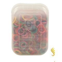Clear container filled with colorful rubber bands, featuring a brand logo on a white background.