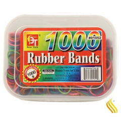 Container of 1000 rubber bands with a colorful label on a white background