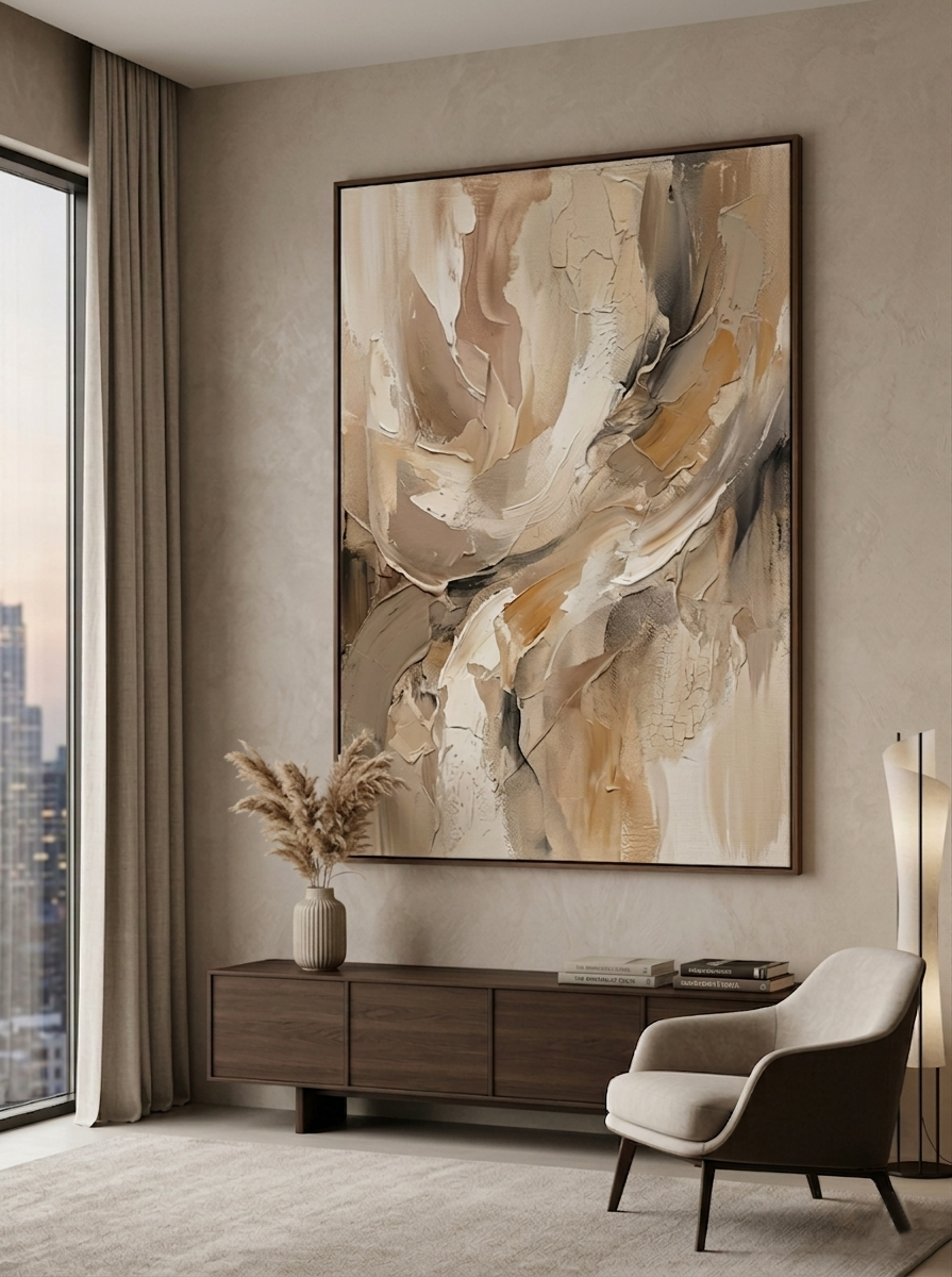 Textured Abstract Wall Painting | Beige Contemporary Canvas Art | Modern Minimalist Decor