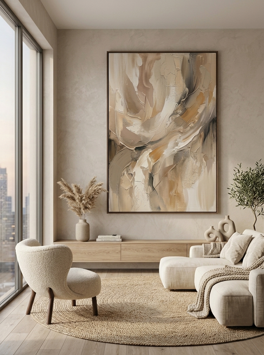 Textured Abstract Wall Painting | Beige Contemporary Canvas Art | Modern Minimalist Decor