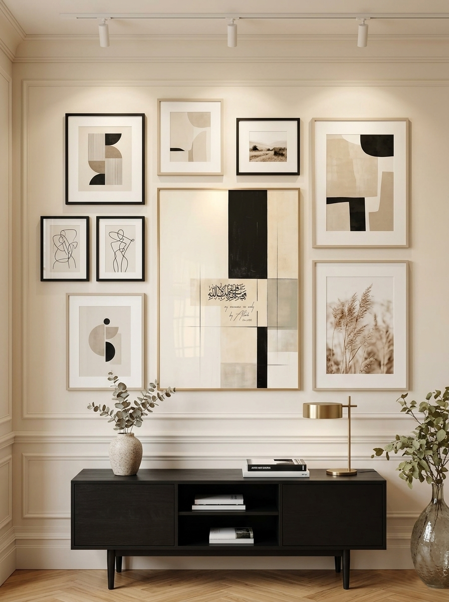 Beige Black Arabic Calligraphy Canvas Art – Modern Abstract Neutral Living Room Painting