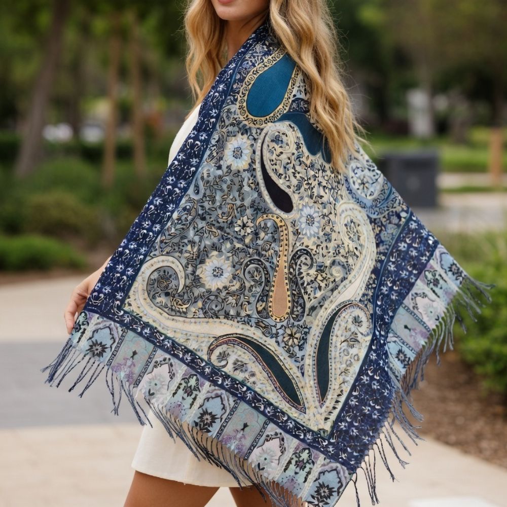 Premium Navy Blue Paisley Wool Scarf for Women – Elegant Printed Winter Wrap with Fringed Edges