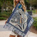 Premium Navy Blue Paisley Wool Scarf for Women