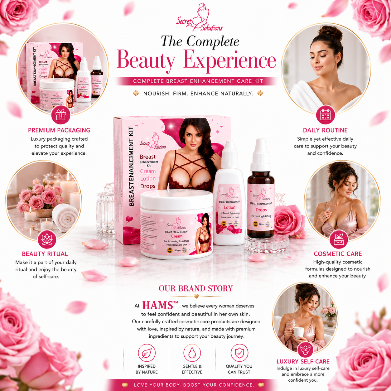 Natural Bust Enhancement & Firming Kit – 3-in-1 Complete Bust Care Formula for Natural-Looking Fullness, Firmer-Looking Skin, Deep Moisturization & Daily Bust Care