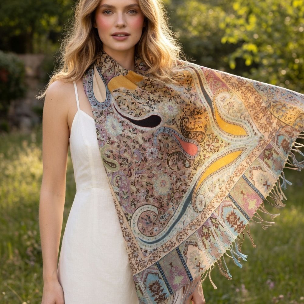 Premium Multicolor Paisley Wool Shawl for Women – Beige, Dusty Pink & Mustard Floral Printed Winter Wrap