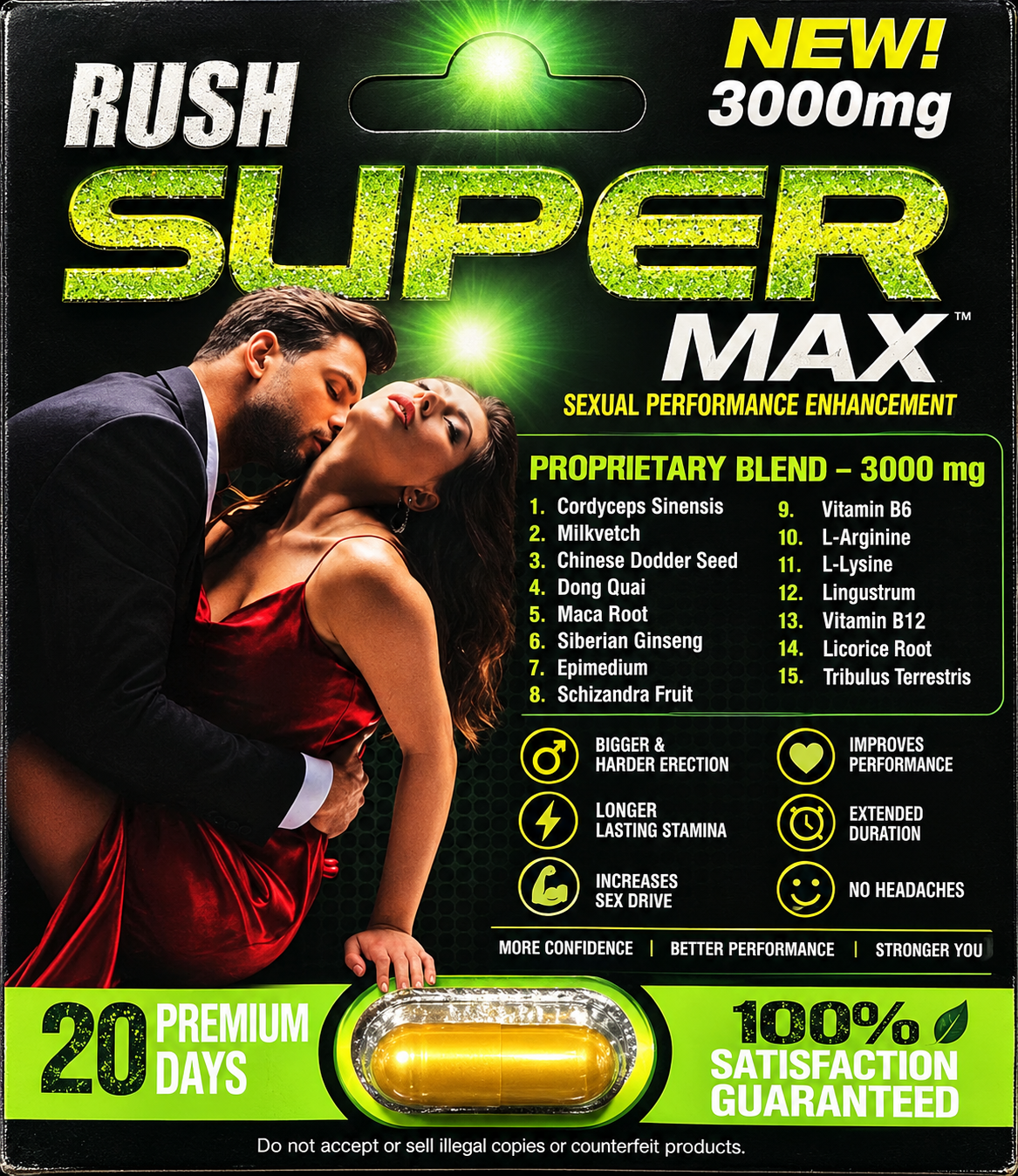 RUSH Super Max 3000mg capsule supplement packaging displaying the product name and adult wellness formula, with serving directions and ingredient information to be confirmed from the original label.