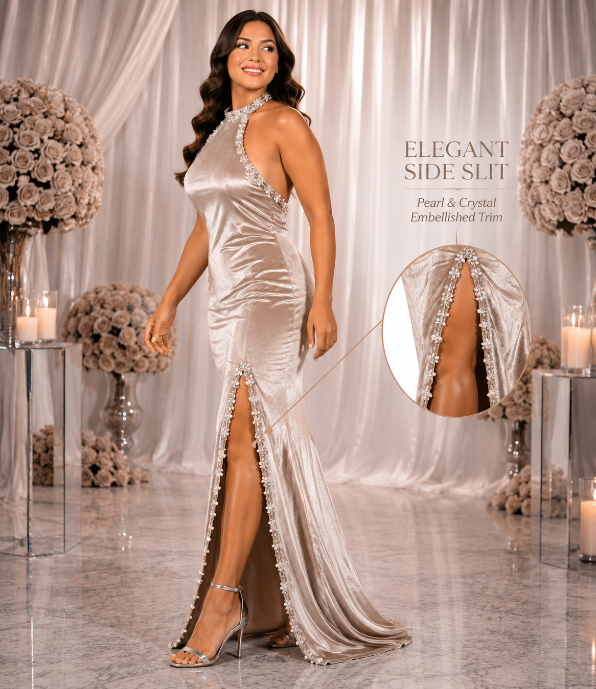 Champagne Ivory Embellished Satin Maxi – Elegant Halter Neck Party Wear
